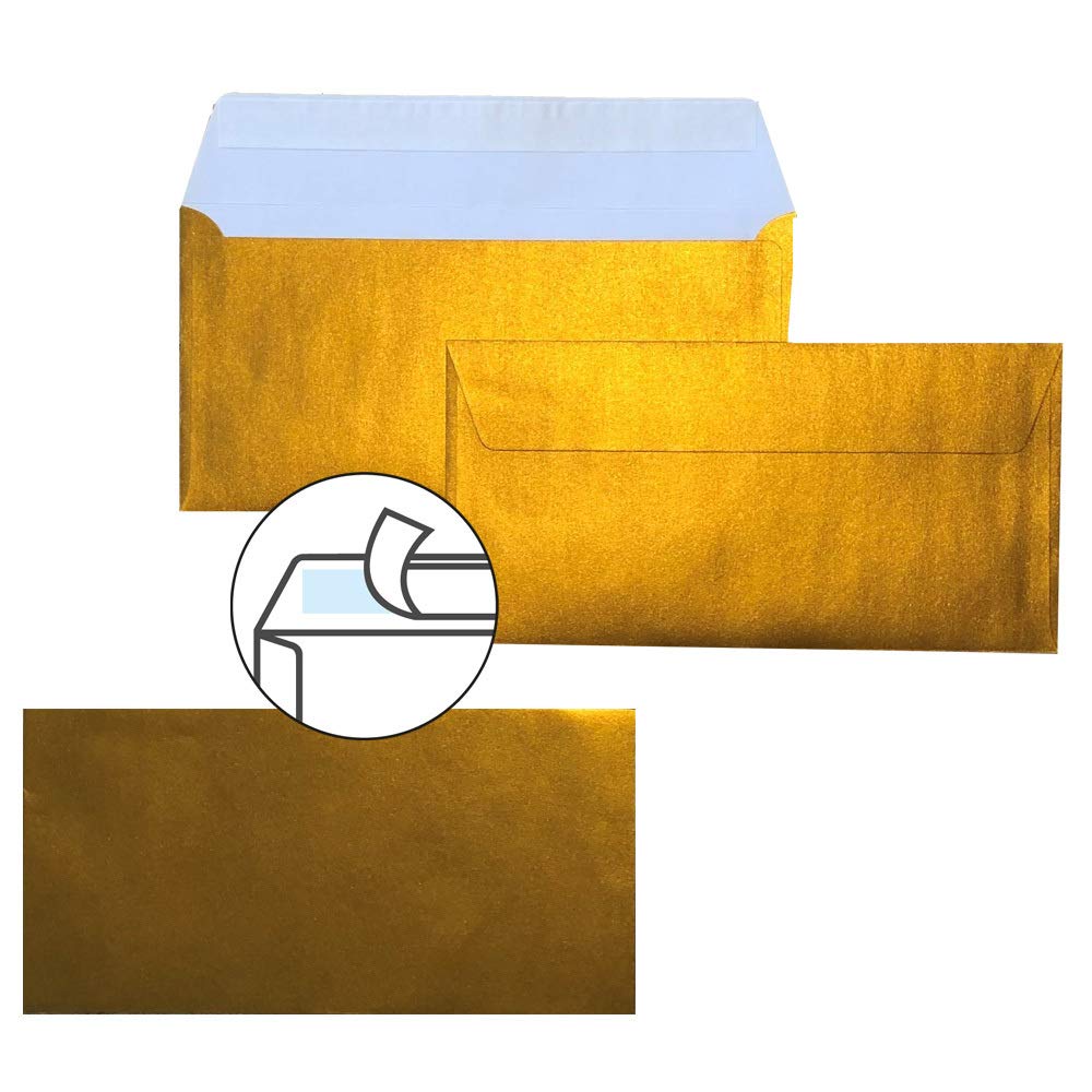 Enveloppes longues DIN 110 x 220 mm, 120 g, rabat droit avec patte autocollante, idéales pour anniversaire, mariage, invitations, cartes de vœux, Noël 100 x 88 doré