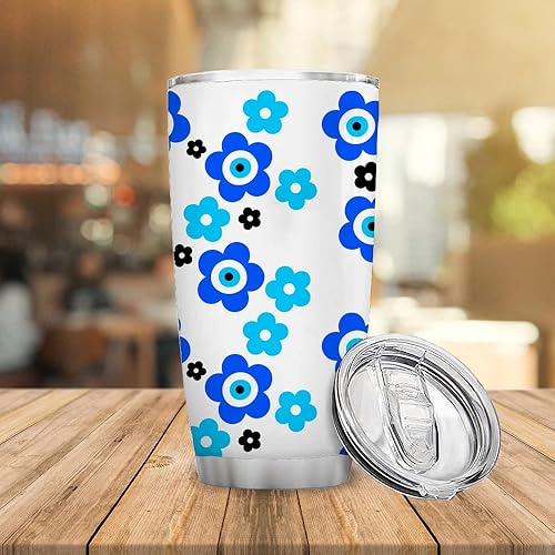 Miniatura 3 de Regalo de 20 onzas para mujeres, madres y niñas, regalo de flores de mal de ojo azul turco, regalo de protección de buena suerte para mujeres, taza
