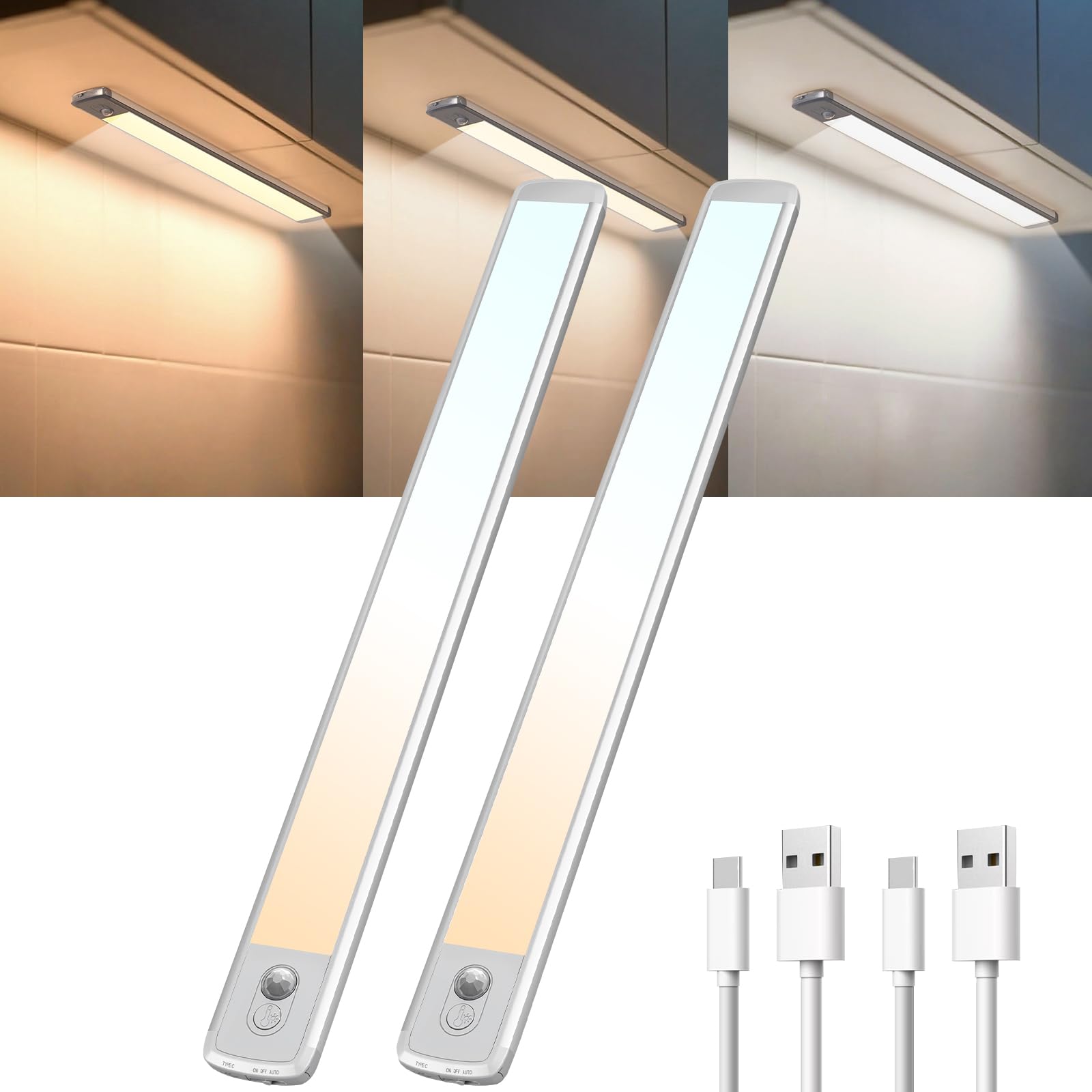 TANSOOL+ 40cm Schrankbeleuchtung LED Lampe mit Bewegungsmelder Innen - 3 Farbmodi Dimmbar USB-C Schranklicht Unterbauleuchte Küche Licht für Küche, Treppe, Schrank - 2 Stück