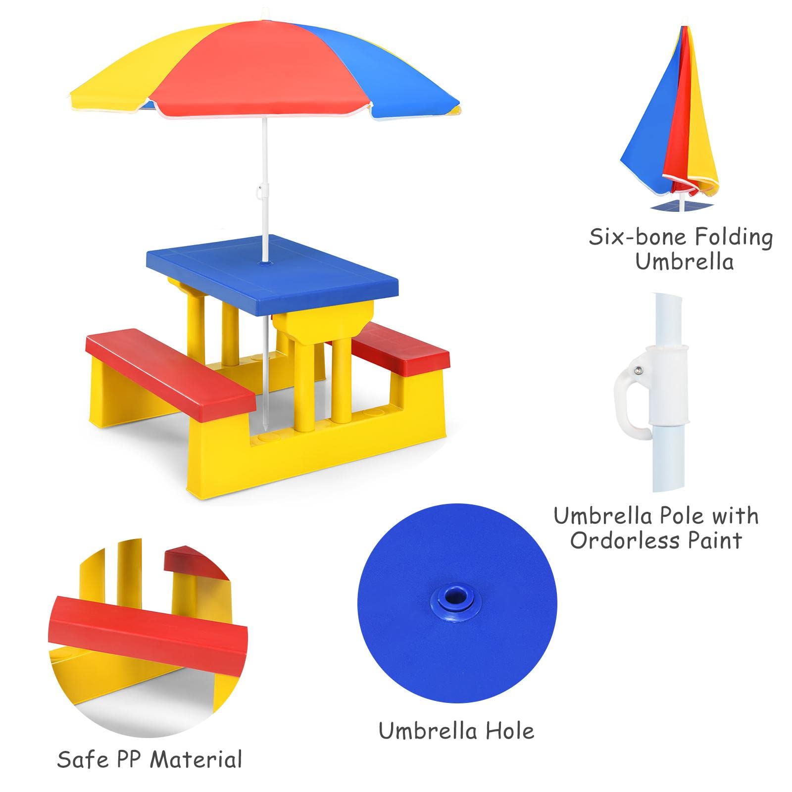 KOMFOTTEU Set di sedie per bambini con ombrellone, mobili per bambini con 1 tavolo e 2 panche, set per bambini in polipropilene, set da picnic per parco, giardino, campeggio, blu, rosso, giallo