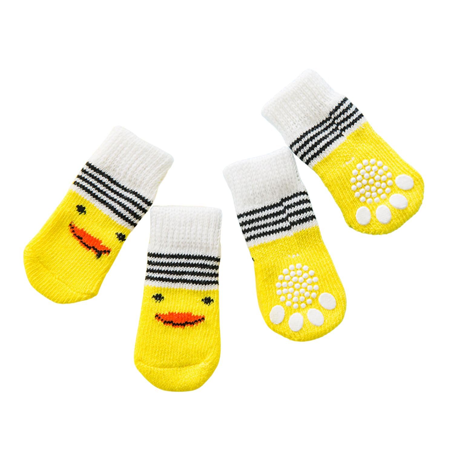 MeiAOBest 4PCS Pet Socks,Cute Knitting Anti-Slip Cat Dog Floor Socks Paw Protectors Cove for Indoor Outdoor Hot Pavement Hardwood Floor Protection_M(Yellow Duck)