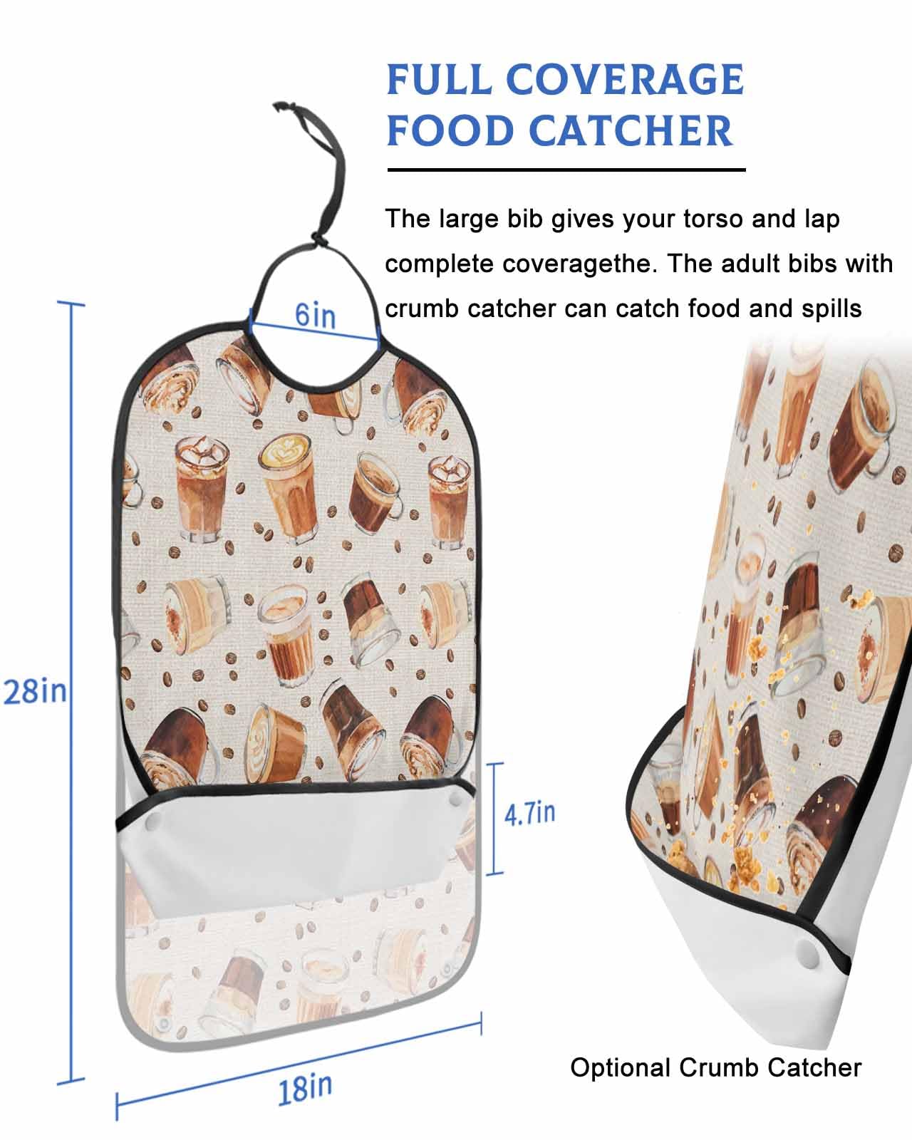 LEOKOTI Coffee Adult Bibs for Eating, Waterproof Bibs with Food Catcher & Adjustable Snap Closure, Farmhouse Country Brown Coffee Beans Washable Clothing Protectors Adult Bibs for Elderly Women/Men