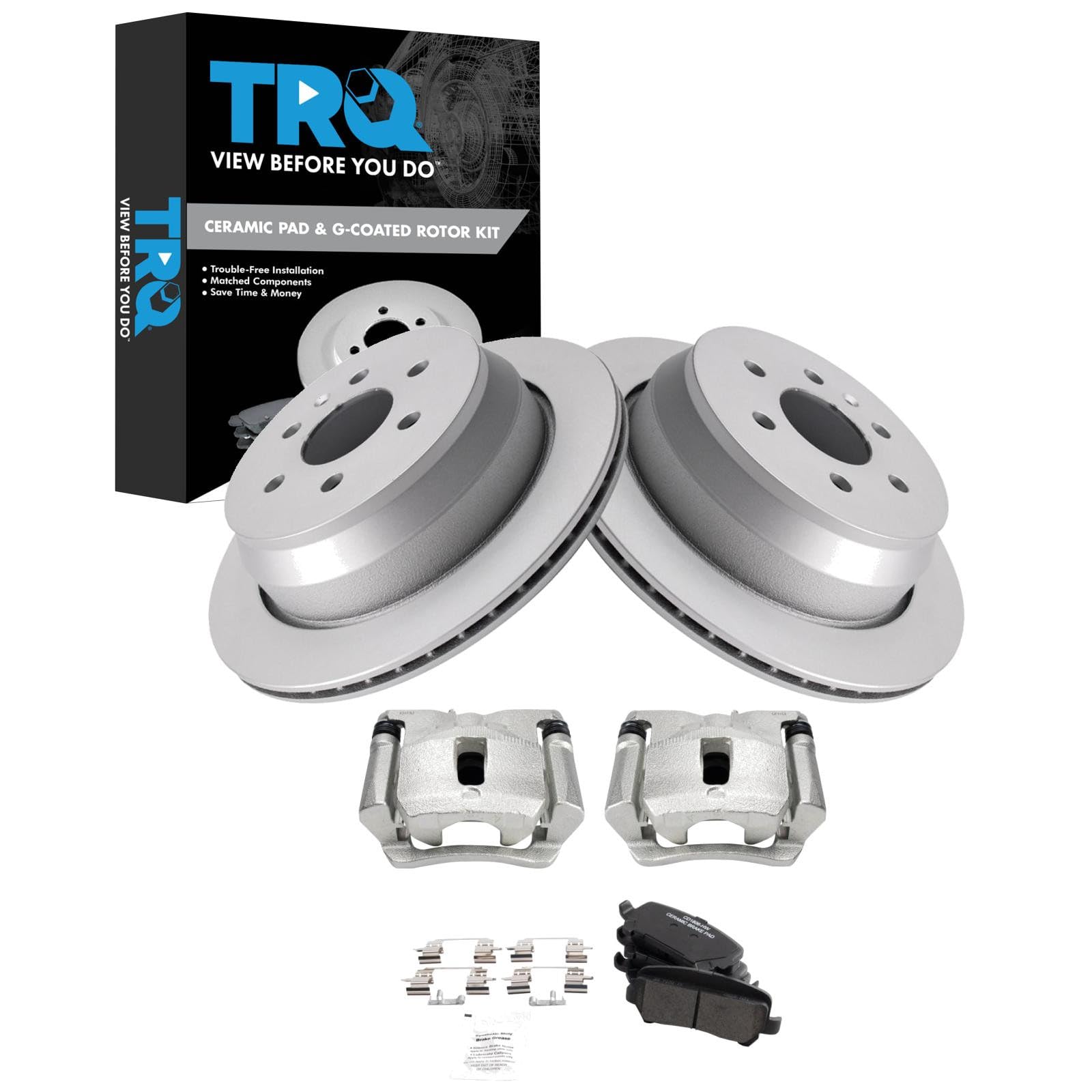 TRQ Rear Brake Pad and Rotor Set Ceramic G Coated Rotors Calipers