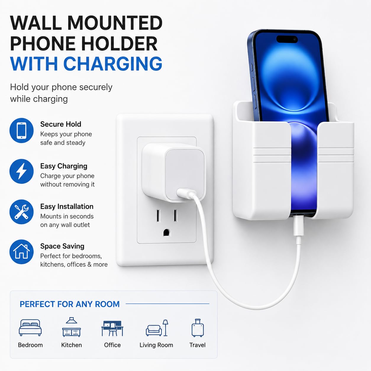 D1 Supporto da parete per telefono, supporto per telefono con adesivo e cavo dati, supporto per doccia, ricarica, camper, compatibile con iPhone, telecomando TV, smartphone e altro (bianco)