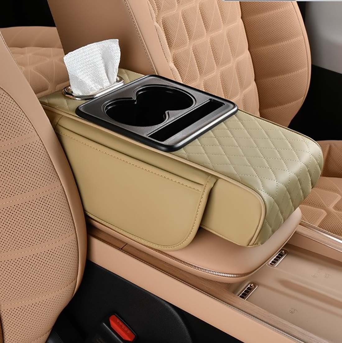 Car Armrest Cushion,5-in-1 Center Console Cover with 2 Storage Bags Cup Holder, Tissue Box Slot, Phone Slot for Sedans,