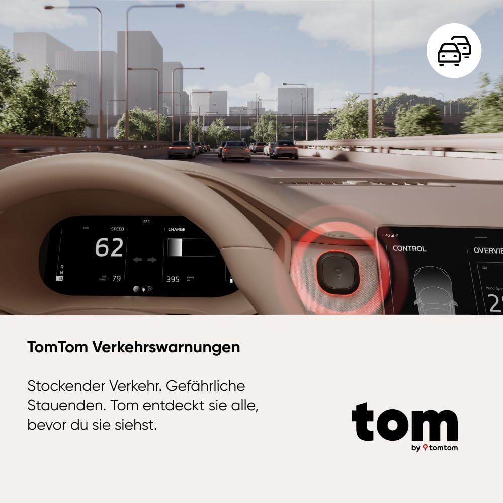 TomTom Verkehrsalarm Blitzerwarner für Auto – Warnt vor festen & mobilen Blitzern, Staus | Ohne ABO | CarPlay & Android Auto | Made in Europe | Tom by TT Premium Pack