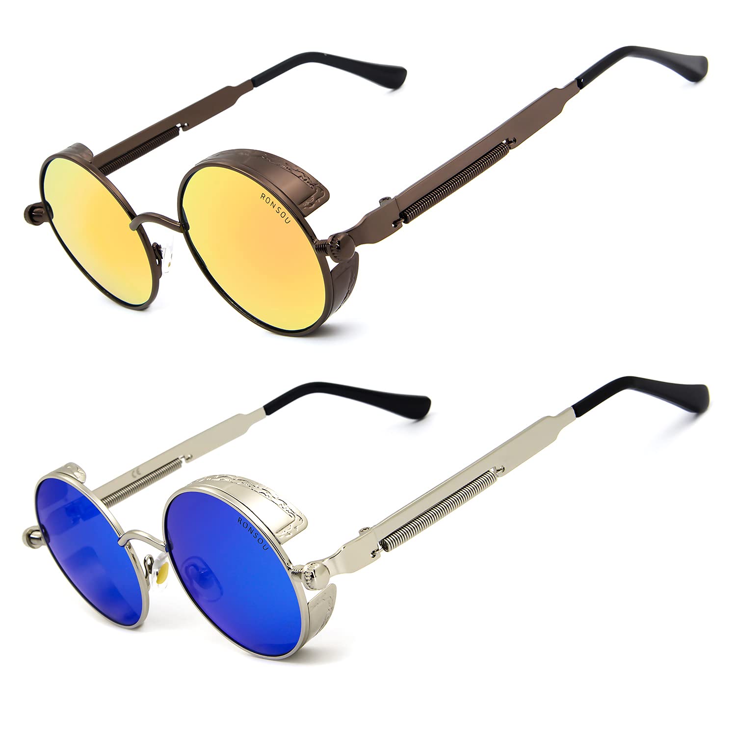 RONSOU Steampunk Round Polarized Sunglasses for Men Women UV400 Protection