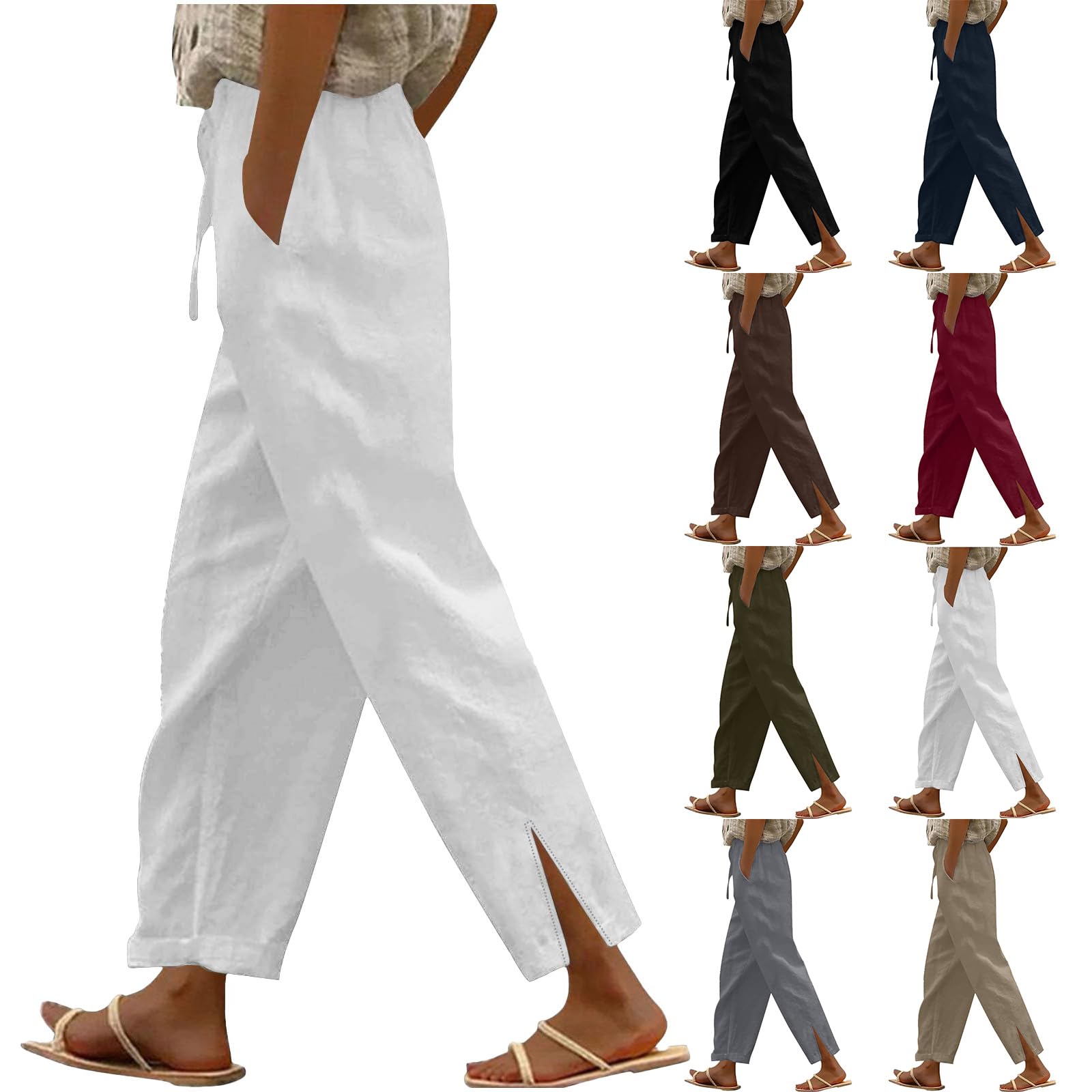 Linen Pants Women High Waisted Elastic Drawstring Beach Pants Casual Loose Lightweight Wide Leg Trousers with Pockets