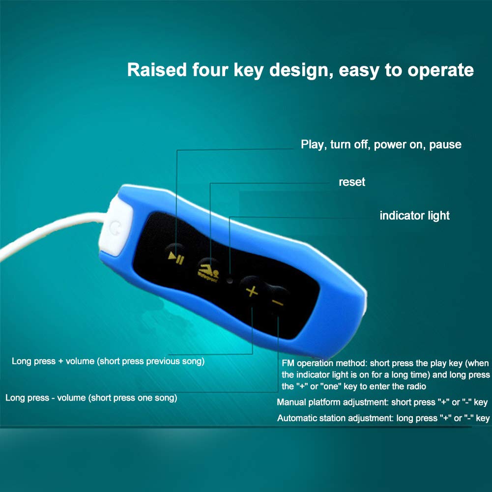 Reproductor de música MP3 portátil con radio FM IPX8, resistente al agua, recargable, USB 2.0 con auriculares impermeables adecuados para nadar y correr
