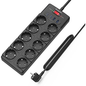 iecopower 10-way multiple socket power strip with usb pd 20 w 2 usb-c ports and 2 usb-a ports power strip surge protection 4000 w / 16 a 1050 j multiple socket 2 m with switch black