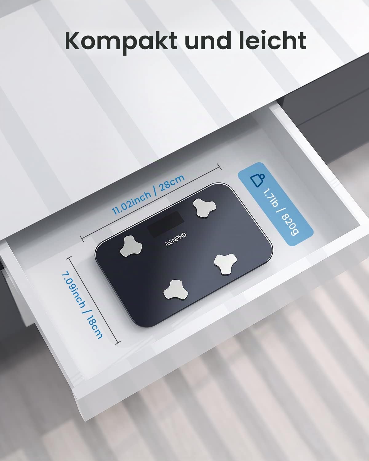 RENPHO Personenwaage Digital, Mini Waage mit Körperfett und Muskelmasse, Tragbare Körperfettwaage Synchronisierbar mit Apps, Höchstmaß 180kg, 28 X 18CM
