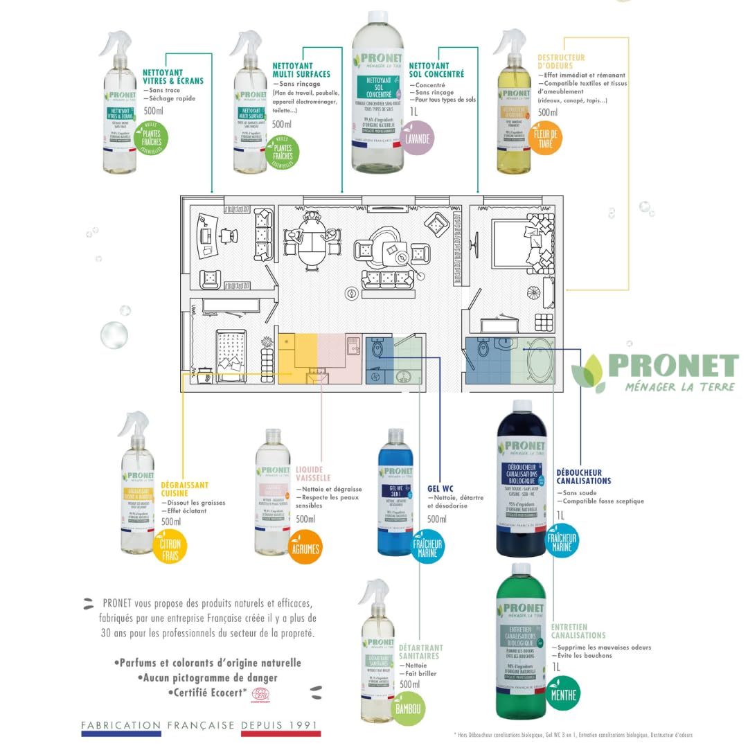 PRONET NATURE - Destructeur d'odeurs - Elimine les mauvaises odeurs - Efficace sur textiles, tissus d’ameublement - Sans trace ni résidus - 98% ingrédients naturels - Fleur de Tiaré - Lot de 6x500ml