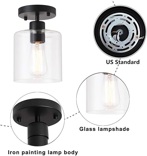 Miniatura 6 de Lámpara de techo semiempotrada moderna negra de 1 luz, lámpara de techo rústica para armario, pasillo, entrada, acabado negro mate (paquete de 1)