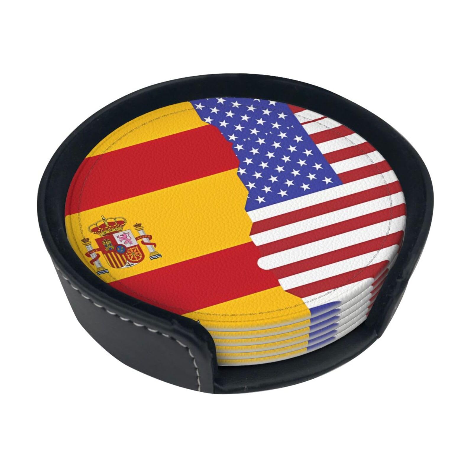 American Spain Flag Printed Coaster Set, with Holders, 6 Pieces. Suitable for Dining Tables, Kitchen Decor, and Coffee Tables.
