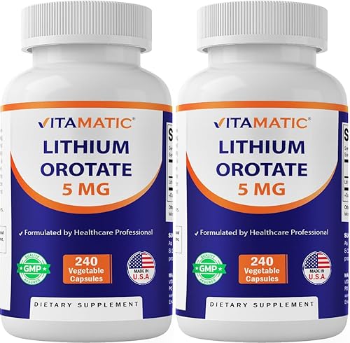 Vitamatic Orotate de litio 5 mg, 240 cápsulas vegetales, sin OMG, sin gluten. - Paquete de 2