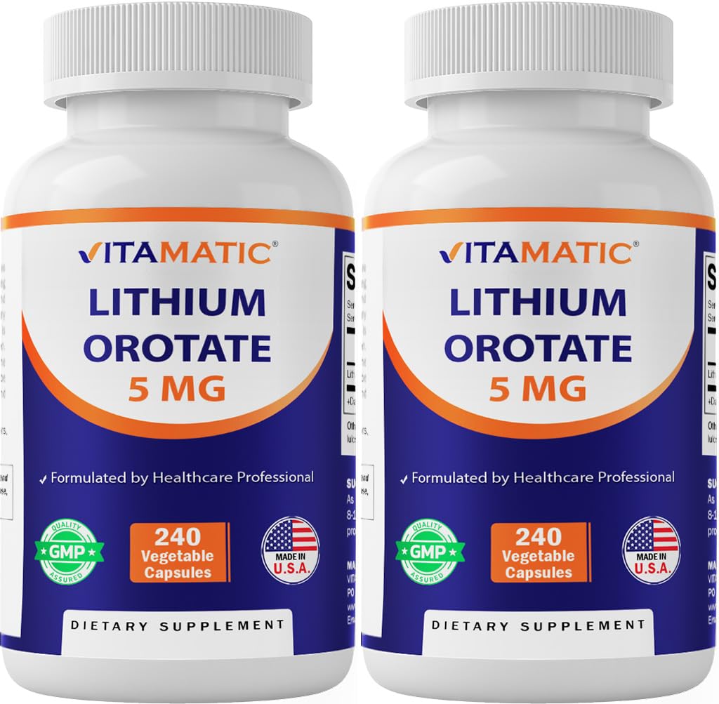Vitamatic Lithium Orotate 5mg, 240 Veggie Capsules, Non-GMO, Gluten Free. - 2 Pack 480 Count (Pack of 1)