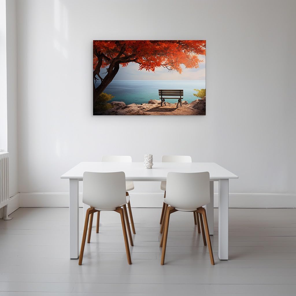 Canvas for Living room. Autumn Serenity by the Shoreline � A Bench Beneath The Fiery Foliage Overlooking the Whispering Waves, 27 x 18 inch Canvas Wall Art - Modern Home Decor
