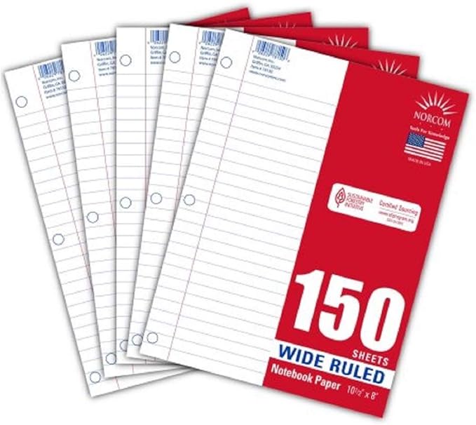 5Pack Filler Paper, 150 Sheets, Wide Ruled, 10.5