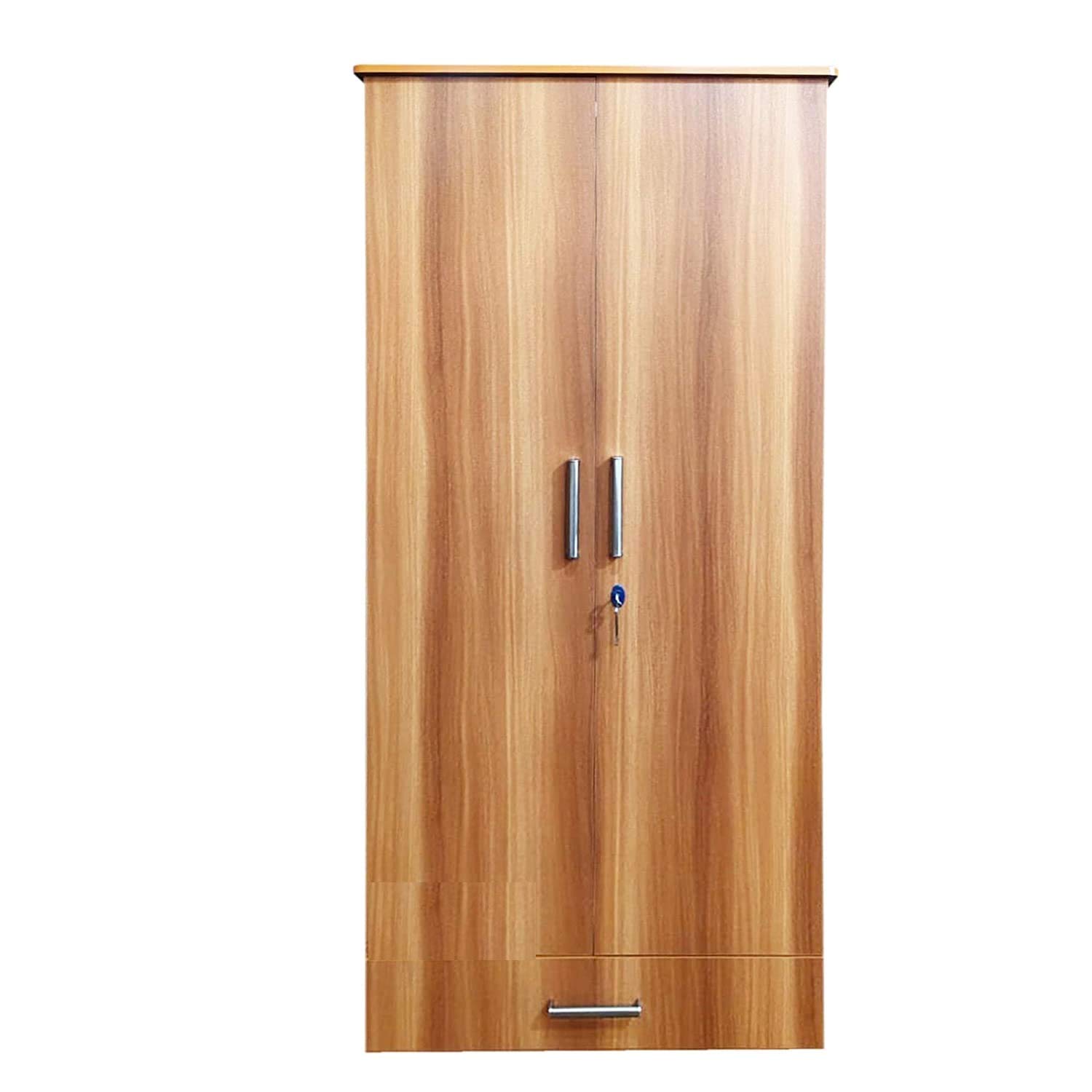 CASPIAN Engineered Wood Double Door Wooden Wardrobe (Light Brown) | Pre-Assembled Furniture | Cupboard/Almirah for Bedroom Clothes Storage Organizer with 4 Shelves, 3 Drawers with Key Locker