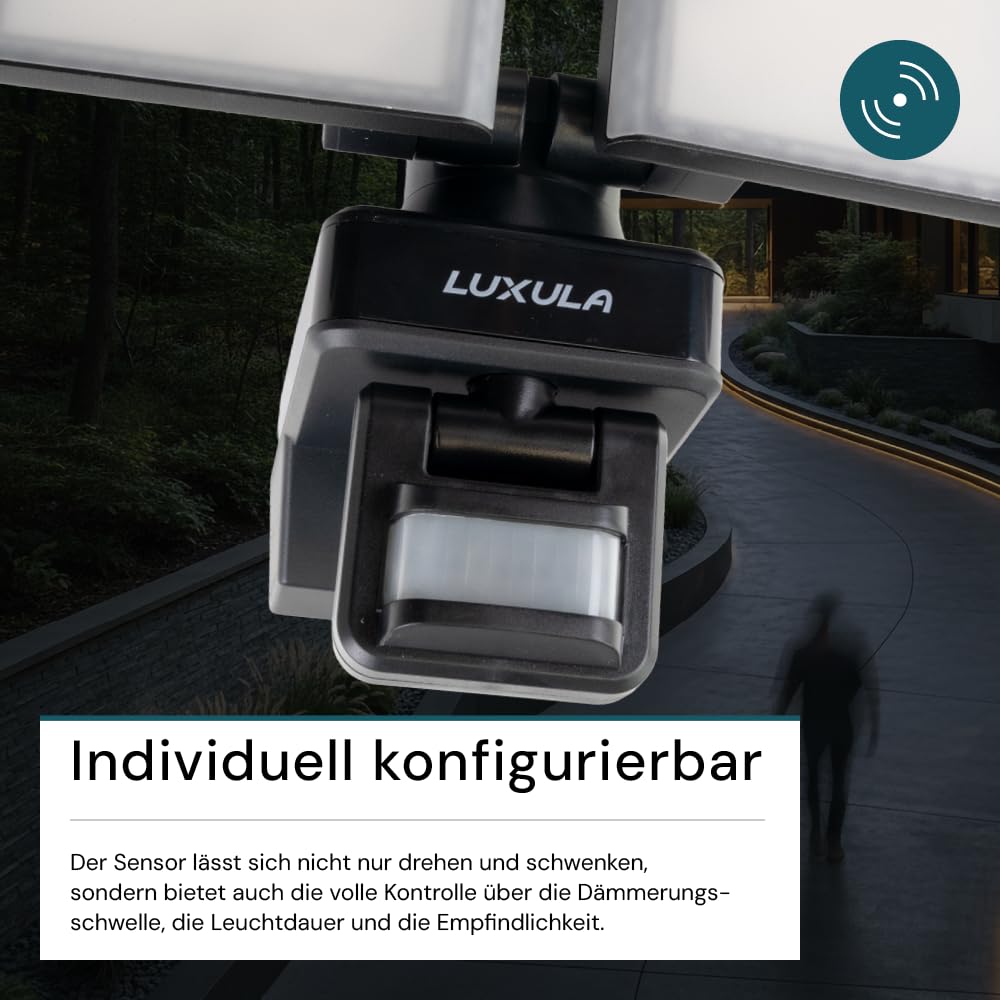 LUXULA LED Strahler mit Bewegungsmelder - 2x 15W, 3200lm - Außenstrahler drehbar, neigbar, Wand und Eckmontage - 4000K Neutralweiß - IP54 Außenleuchte Fluter Flutlichtstrahler Garten Auffahrt