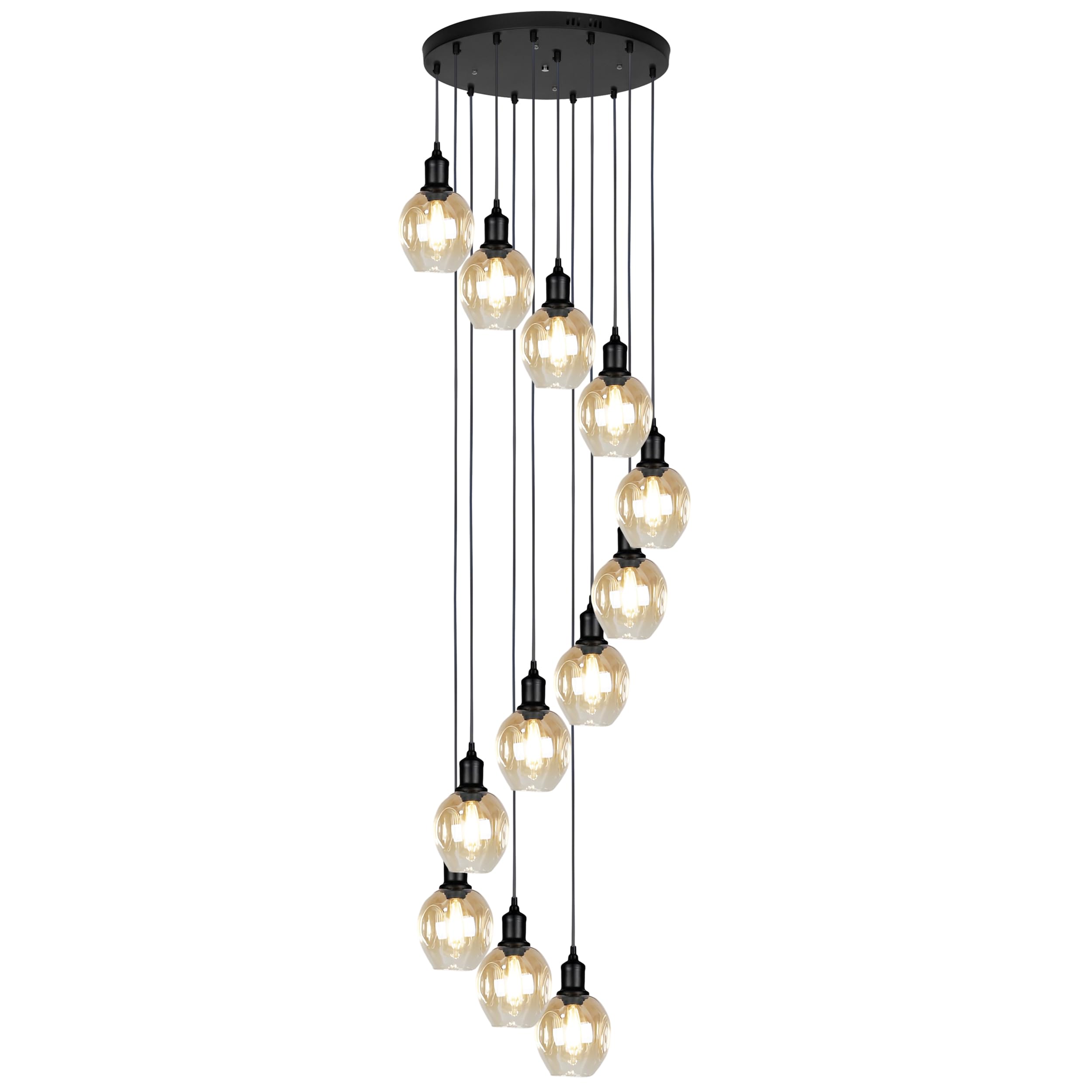 FYZDLAOR 12-Light Chandeliers High Ceiling Spiral Pendant Lights Champagne Colored Glass Shade Black Dome Long Chandelier for Foyer Entryway Stairwell Villa Ceiling Lighting Fixtures