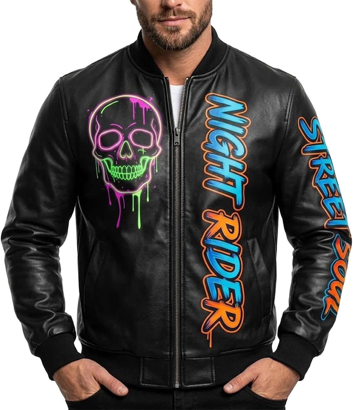 SpazeUp Men’s Cyberpunk Bomber Jacket Hip Hop Festival Streetwear Skull Night Lightweight Rider Biker Jackets Black