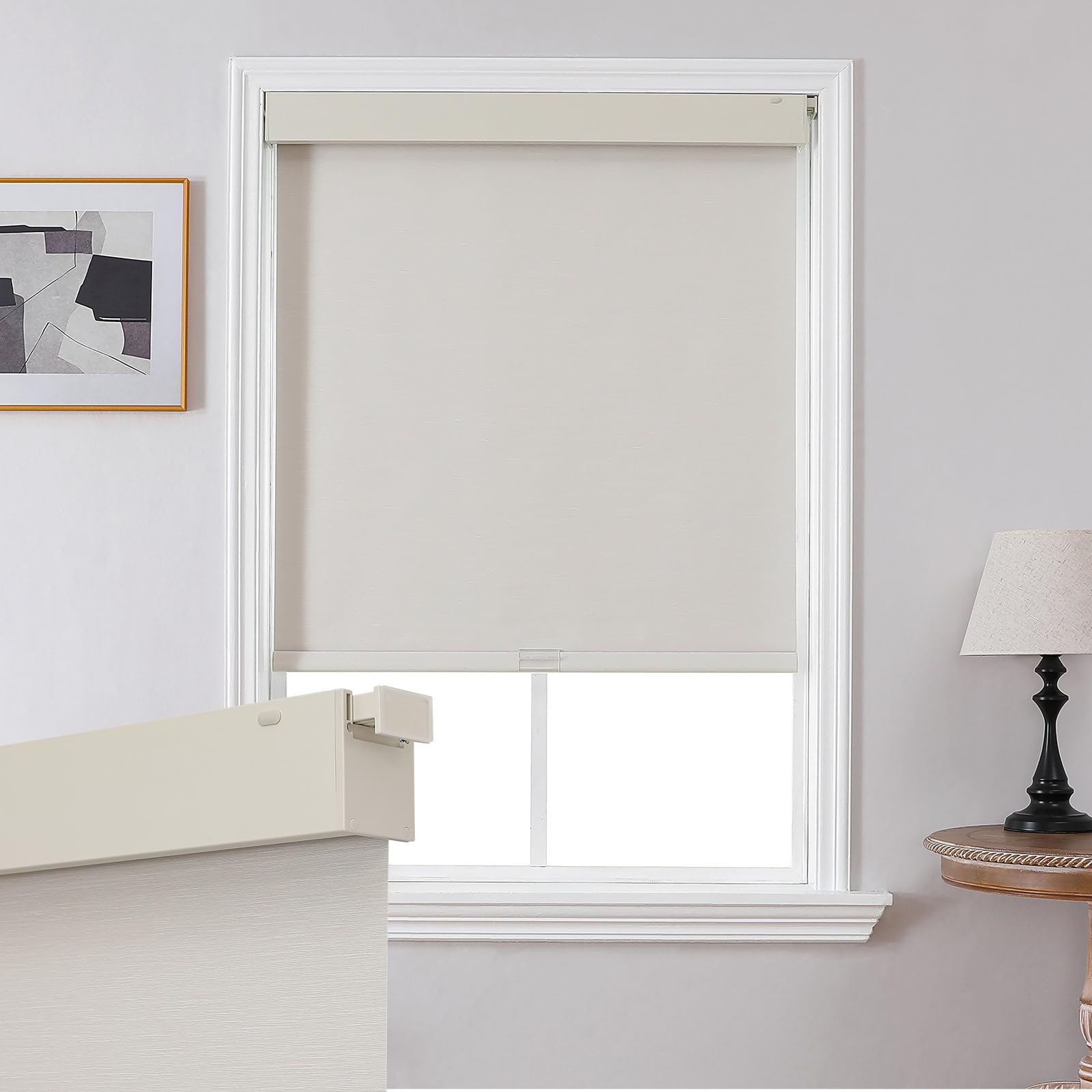 Joydeco No Drill No Tools Blackout Shades, Free-Stop Cordless Roller Shades, Thermal Insulated Blinds for Indoor Windows, Easy Install Window Blinds for Home and Office (Beige, 34" W X 75" H