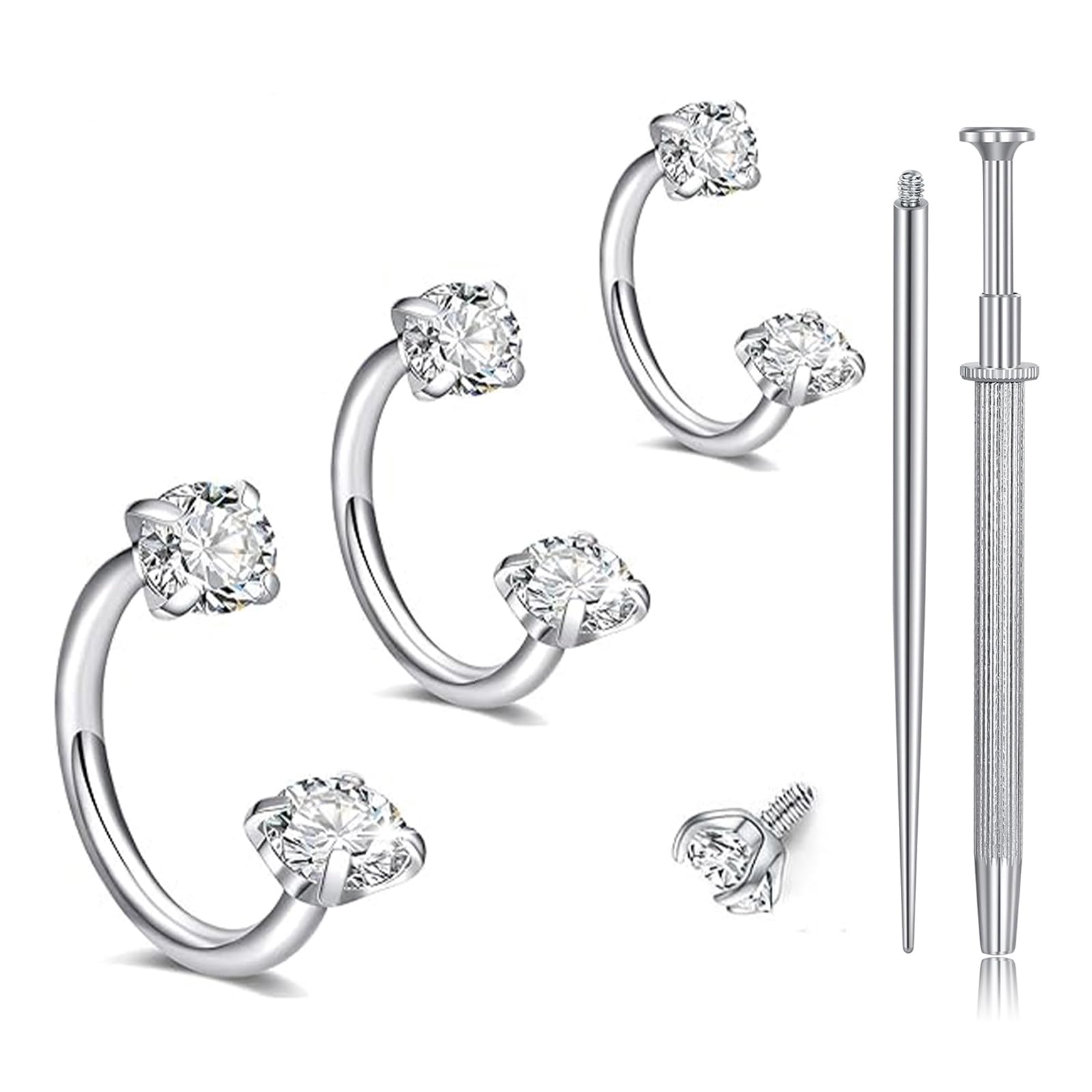 Nymora Anillo de Nariz de Plata 18G 3 Piezas (6mm 7mm 8mm) Piercing de Herradura de Circonio, Anillo de Piercing de Labios y Anillo de Helix con Herramienta de Agarre para Mujeres