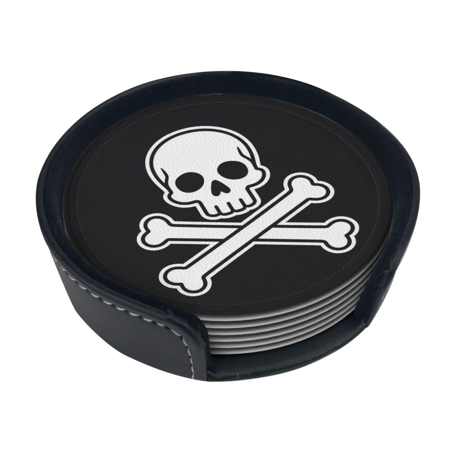 Cross Bone Flat Leather Coasters-Set of 6 with Storage Holder