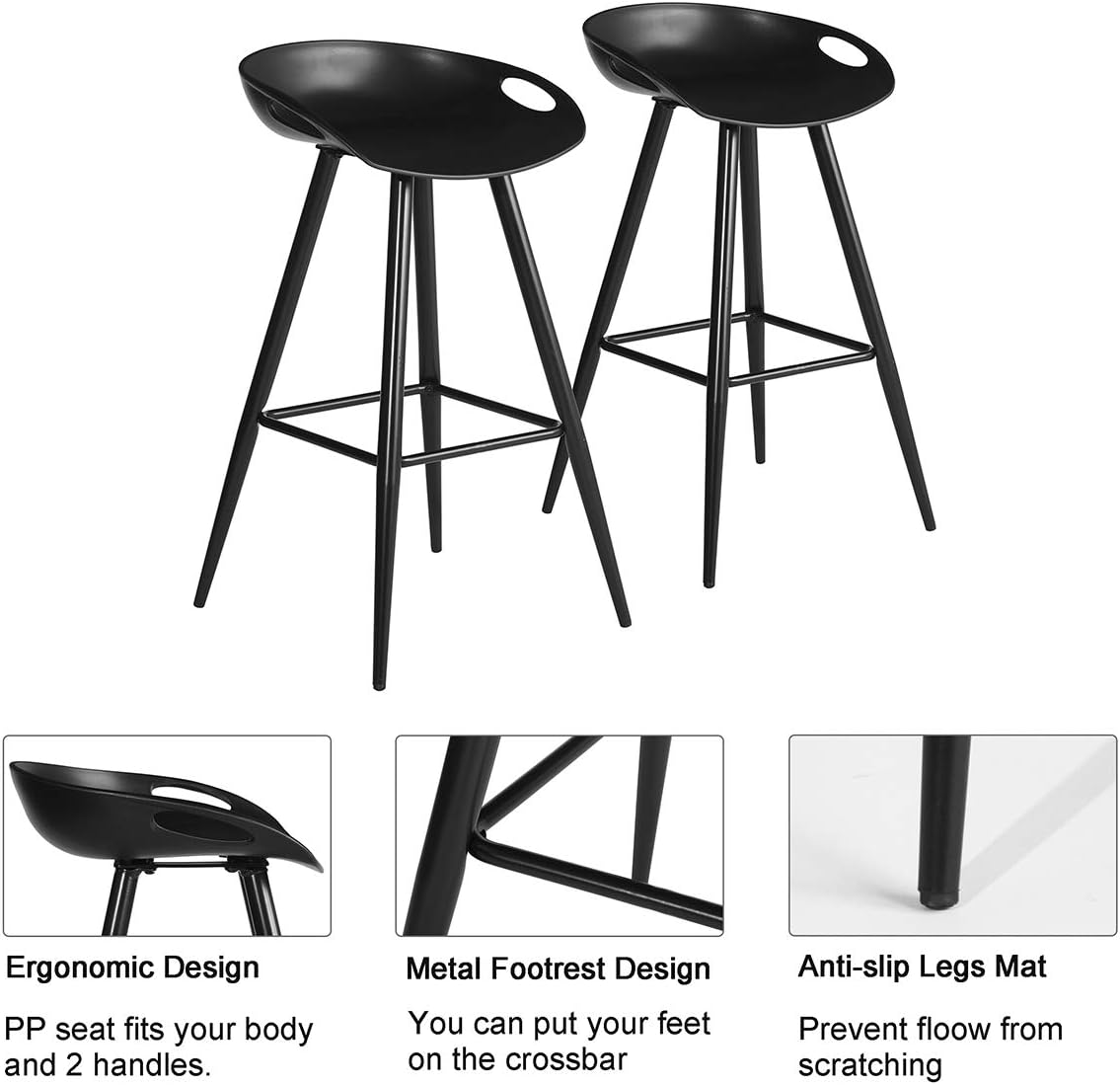 Set of 2 Bar Stools, 32.3-inch Simple Modern Style High Counter Stool with Low Backrest & Footrest & Metal Legs & PP Seat, Portable Barstools for Kitchen Island Patio Balcony, Full Black …
