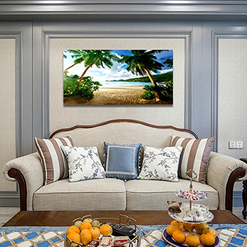 Image of Wall Art Sea Beach Coconut Tree Landscape Picture Print Canvas Wall Art Modern Giclee Artwork Home Decor Stretched and Framed Ready to Hang,2cm Thick Frame, Waterproof Artwork.