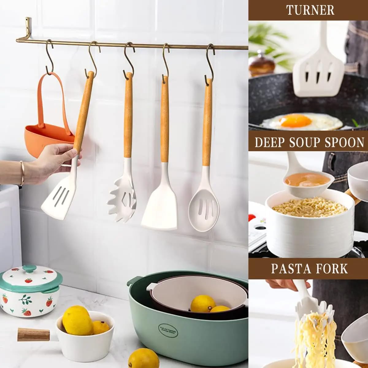 Juego de utensilios de cocina de silicona, 33 piezas, antiadherentes con mango de madera, juego de espátulas de silicona resistentes al calor con soporte (beige)