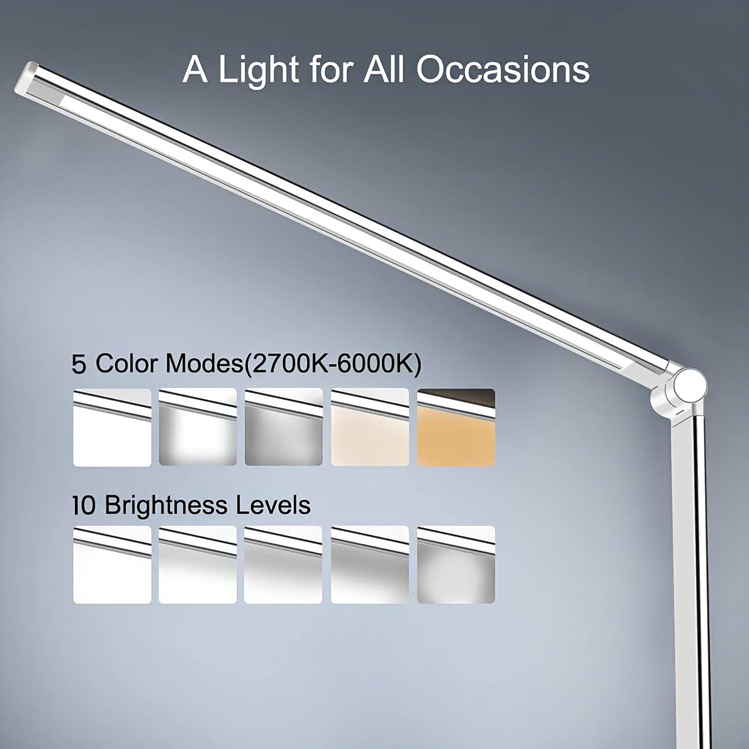 LED-Schreibtischlampe mit USB-Ladeanschluss, 5 Farbmodi, 10 dimmbare Helligkeitsstufen, augenschonendes Leselicht, Touch-Steuerung und 30/60-min-Auto-Timer, Silber