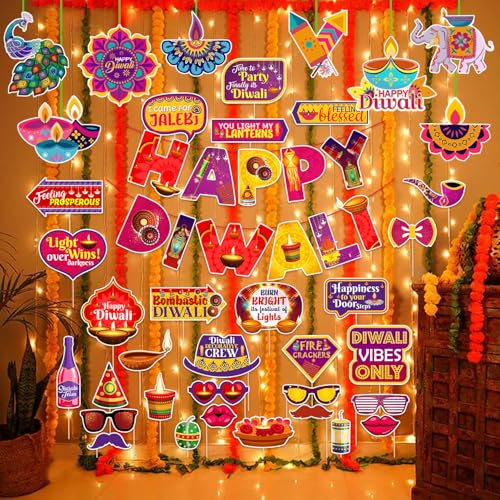 Zyozique 40 Pcs Happy Diwali Decorations Combo | MultiColor Diwali Paper Banner, Photo Booth Props, Ligt & Ceiling Hangings - Festival of Ligt Props For Backdrop Decorations