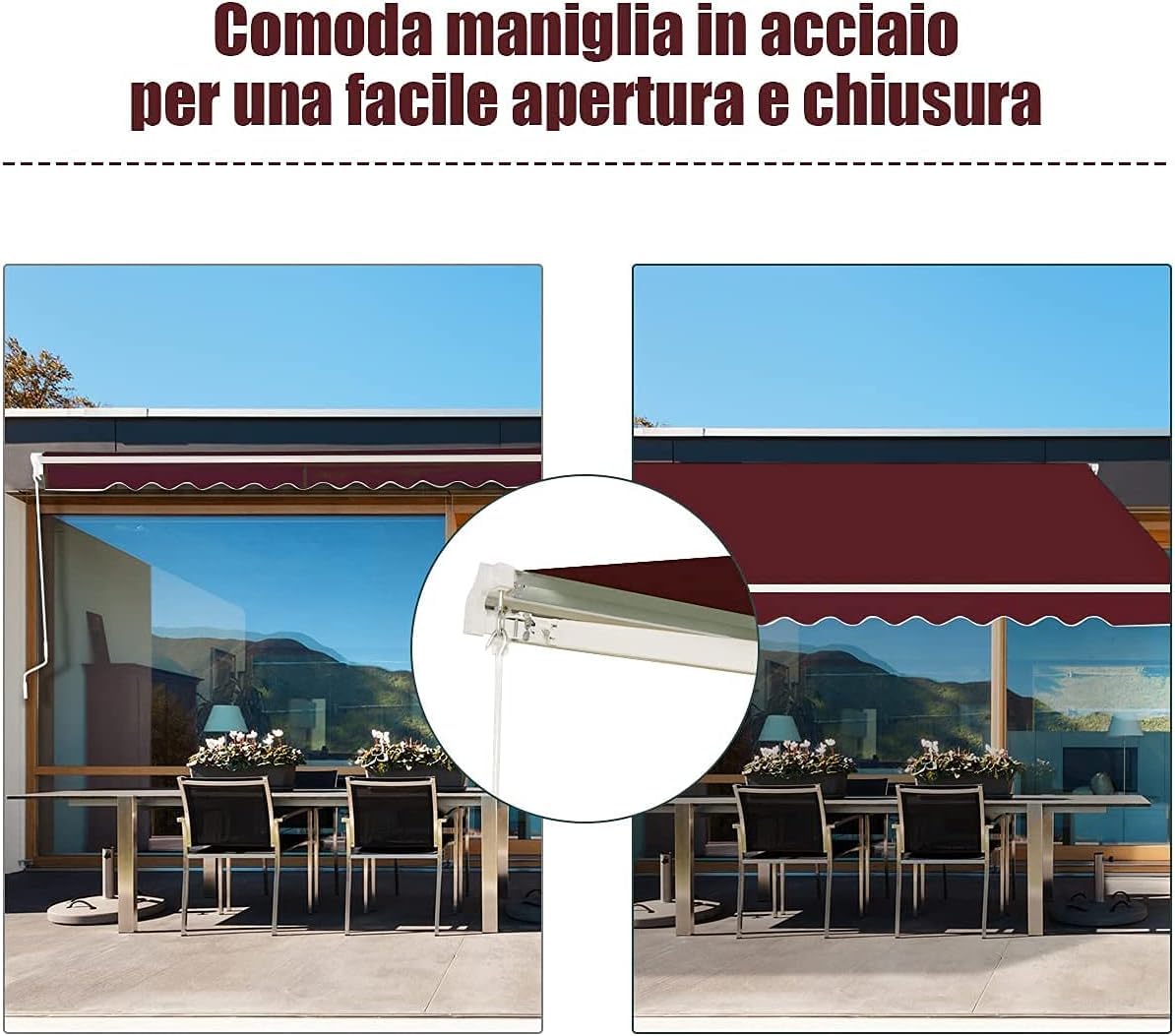 Wysuwana markiza na balkon, wodoodporna i odporna na promieniowanie UV, 3 m x 2,5 m, czerwona markiza na patio z wysuwanymi ramionami, idealna do użytku w ogrodzie i na tarasie
