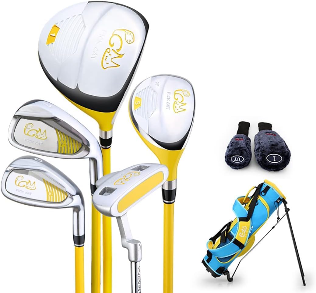 PGM Junior Golf Club Complete Set for Children Kids, 5 Golf Clubs with Stand Bag and 2 Headcovers for Boys & Girls, Right Hand