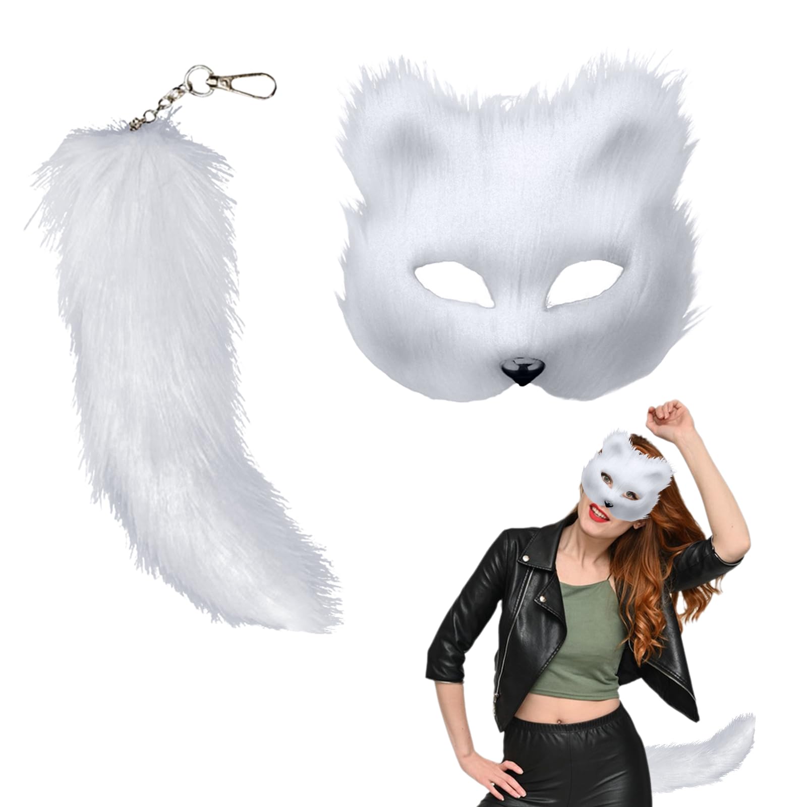 Enjoyaa Cat Mask and Plush Faux Fur Tail,Furry Fox Mask with 30cm Long Fox Tail Cosplay Party Animal Costume Dress Up Party Carnival Costume Prop for Adult Kids Halloween Dress Up(white)
