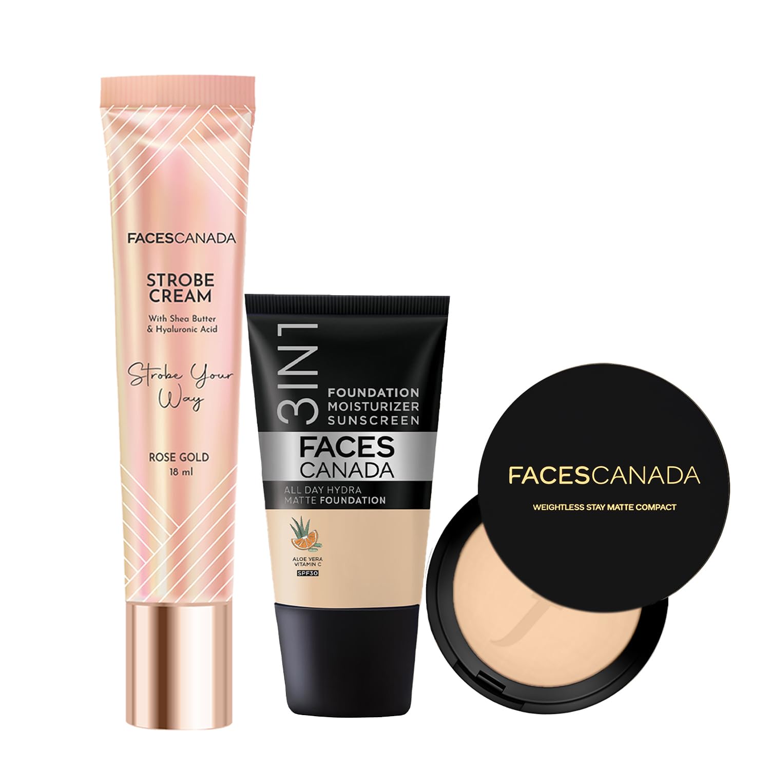 FACES CANADA Full Cover Glam Combo - Strobe Cream - Rose Gold (18 ml) + Weightless Stay Matte Compact Powder - Natural 02 (9 gm) - Hydra Matte Foundation - Absolute Ivory 012 (18 ml) | Illuminating & Glowing Makeup Base | 10HR Long Wear