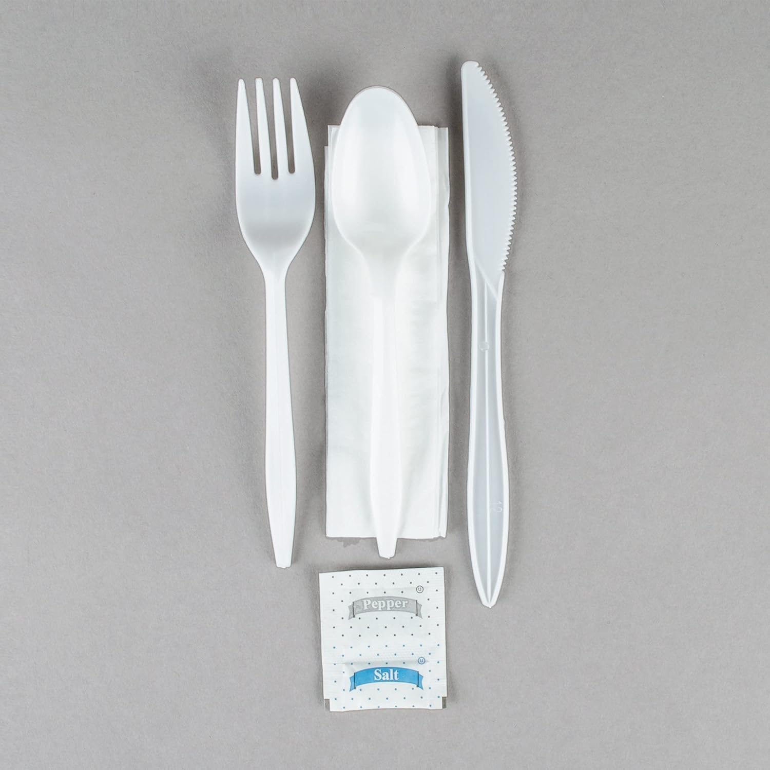 6-in-1 Disposable Heavyweight Plastic Cutlery Meal Kit – Individually Wrapped White Utensil Set with Teaspoon, Fork, Knife, 12x13 Napkin, Salt, and Pepper Packets – 25 Count image 5