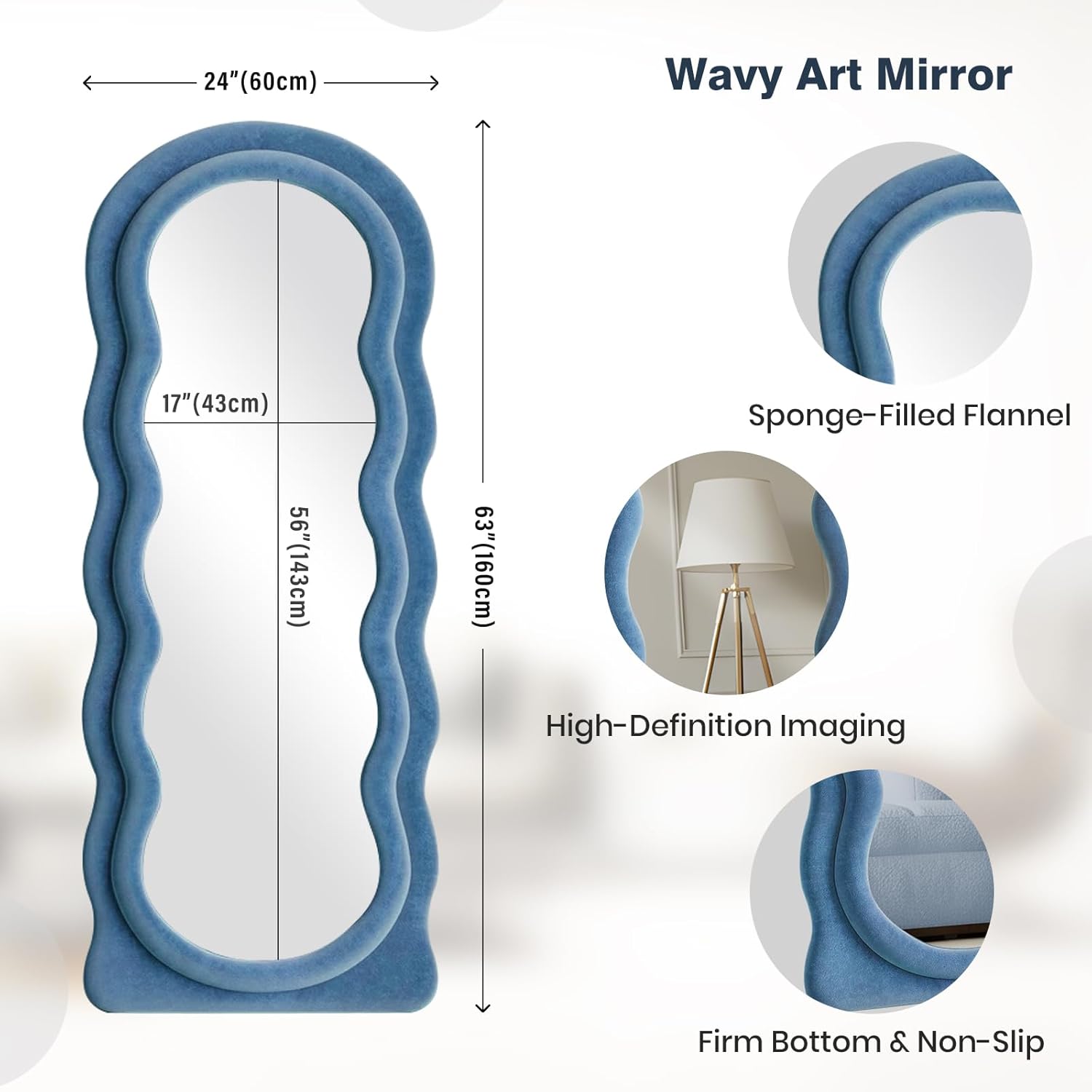 Anpark Full Length Mirror 63"x24" Arched Wavy Full Body Wall Mounted Floor Mirror with Stand Blue Flannel Frame Leaning Hanging Wall Mirror for Bedroom Entrance