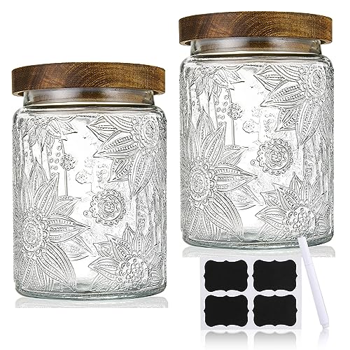 Tilldawn ヴィンテージガラスストレージジャー 木製蓋付き 2パック 25液量オンス 密閉ガラスキャニスター 蓋付き 密閉ガラス食品保存容器 コーヒー 砂糖 キャンディ用 ラウンドひまわりパターン