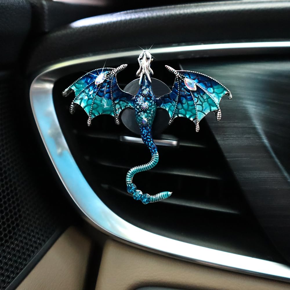 ORIESSE Bling Wyvern Car Air Freshener Vent Clips,2pcs Alloy Blue Enamel Dragon Vent Clips Car Accessories,Refillable Car Diffuser with Felt Mads,Coffee Fragrance Tablets