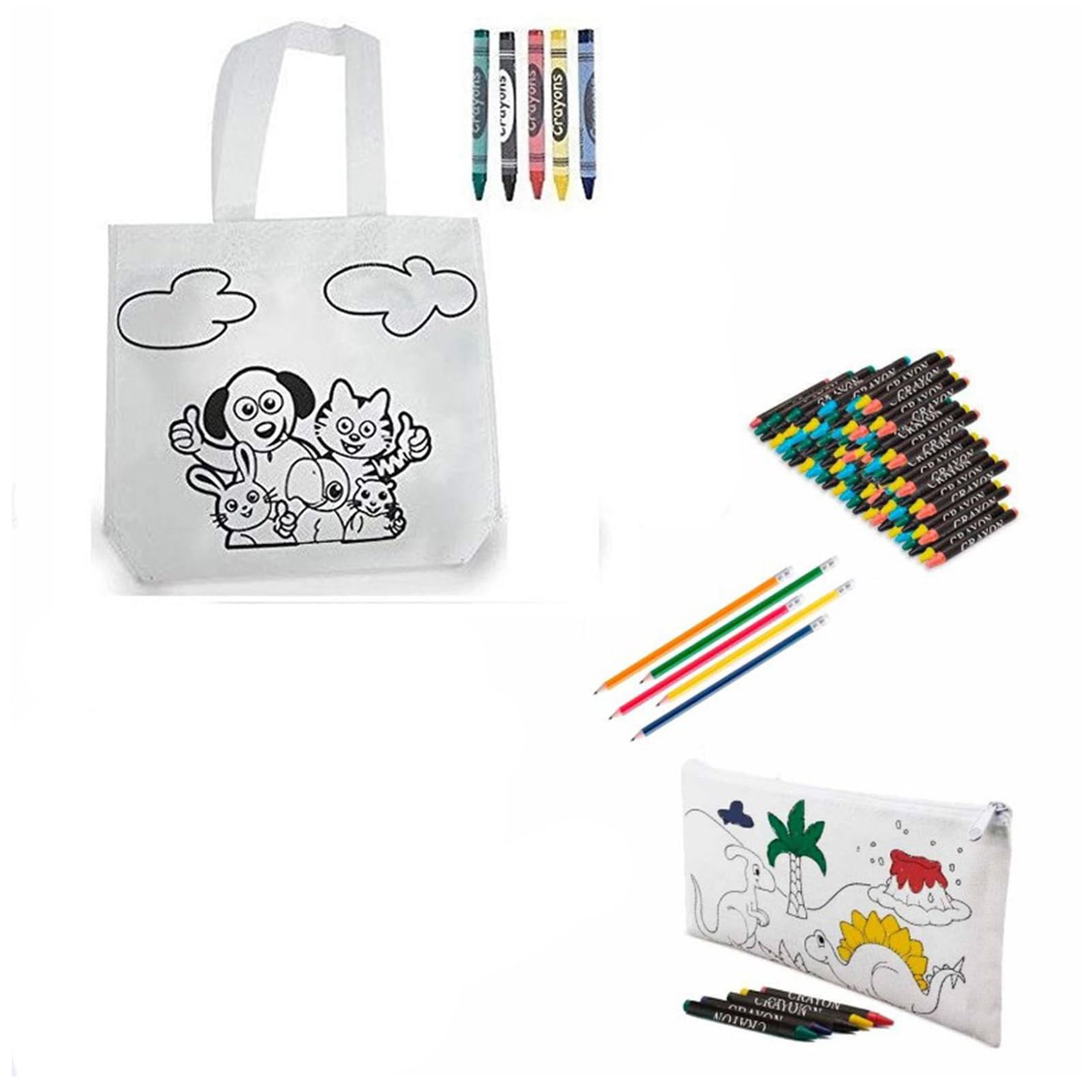 Regalo para Niños en cumpleaños 16 Bolsas de Animales + 16 estuches + 16 lápices con goma+ 32 Pack de Ceras de colores. Detalles infantiles para regalar en el colegio o guarderia.