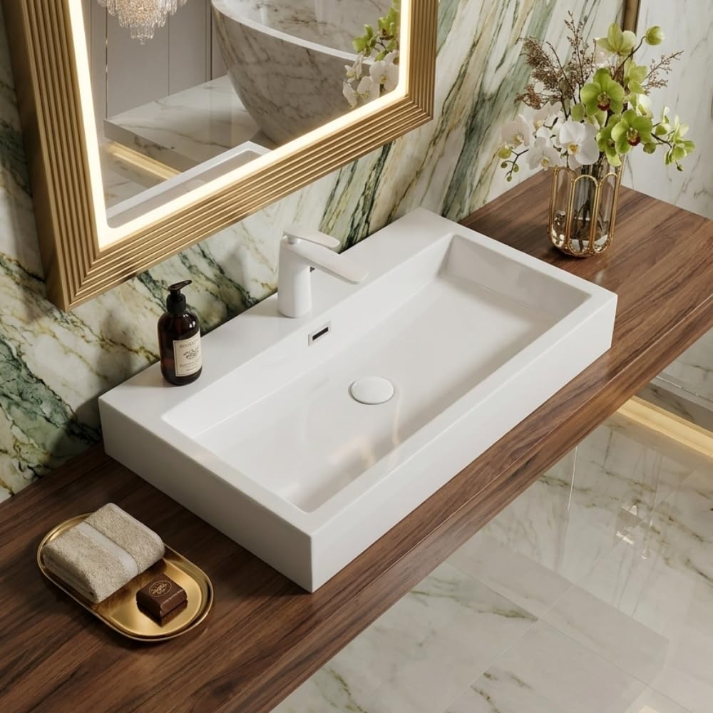 Durovin Bathrooms Luxurious Stone Resin Basin - Wall Hung Bathroom Sink - One Tap Hole with Overflow - 765 x 420 x 100mm (WxDxH)