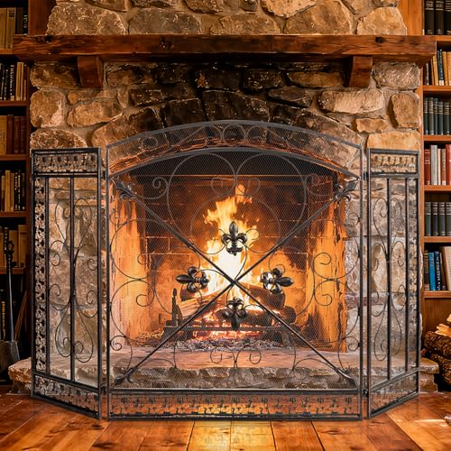 Image of WICHEMI 3 Panel Fireplace Screen for Fireplace Gate Decorative Fireplace Screens Stand Alone 52.4 x 31inch Wrought Iron Black Metal Spark Guard Fireguards Mesh Cover Fence Fire Place Cover (Bronze)