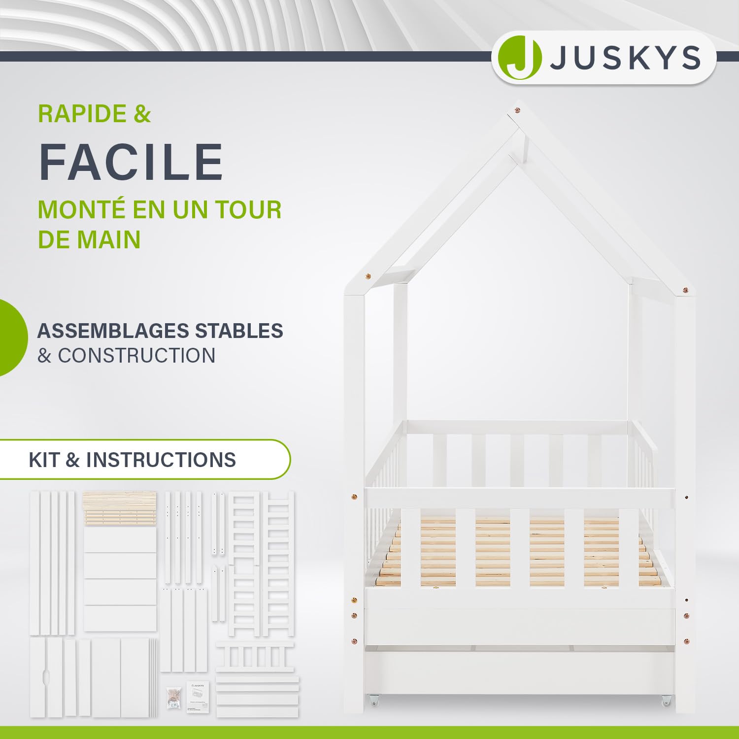 Juskys Lit cabane Enfant Marli 80x160 cm avec 2 tiroirs, Protection antichute, sommier à Lattes et Toit, Lit Maison Montessori en Bois Massif, Blanc