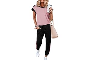Women's 2 Piece Outfits Sweatsuit Colorblock Comfy Lounge Sets Knit Short Sleeve Jogger Sweatpants
