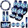 15 Pcs Butterfly Car Seat Covers Full Set Butterfly Car Seat Covers for Car Front Rear Seat Covers Steering Wheel Cover Wrist Strap Coasters Armrest Pad Shoulder Pads (Blue Artsy Butterfly Style)