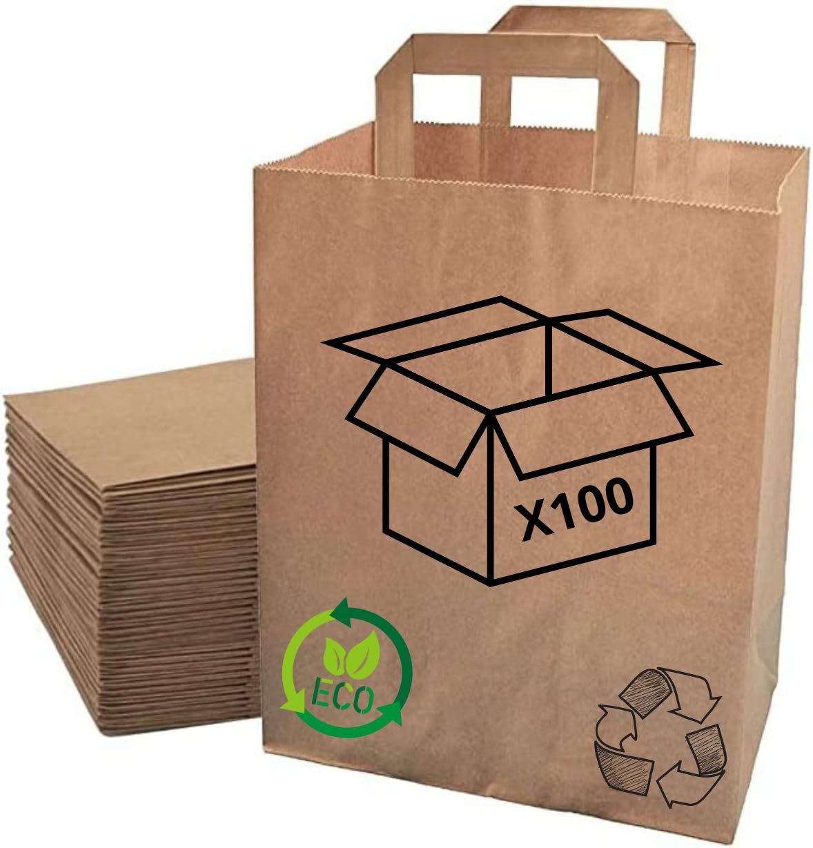 Sac Kraft Papier Recyclé | Fond Plat - Poignées Plates | Lot de 100 Sacs Cabas Haute Résistance | Apte Contact Alimentaire | Commerces - Alimentaire -Vente à Emporter - Cadeaux (32 + 22 X 28)