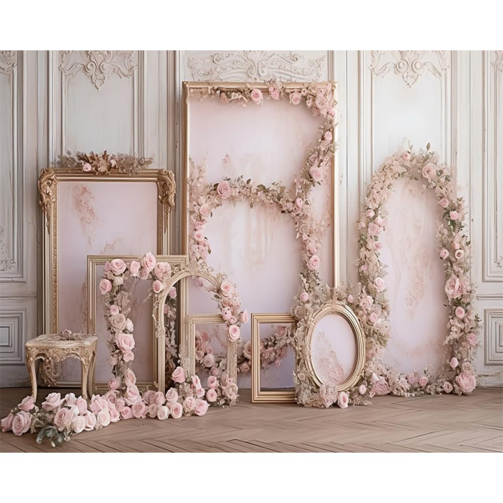 DORCEV 12x10ft Pink Floral French Frame Backdrop for Photography European Style Flowers Living Room Background Banner Baby Shower Bridal Shower